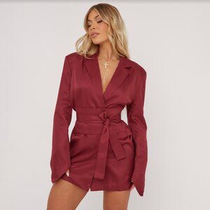 EGO OVERSIZED BELTED DETAIL BLAZER DRESS IN BURGUNDY WOVEN SZ US 4 / UK 8